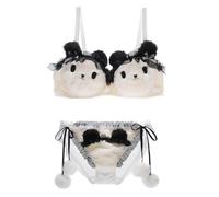 BELOWSYALER Women Cartoon Maid Bear 2Pcs Plush Bra and Panty Set Underwired Bralette Ruffle Mesh Underwear Cosplay Anime Lingerie