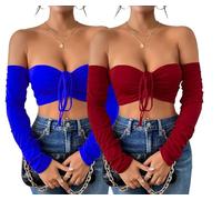 Belriviere Women 2 Pack Crop Tops Sexy Off The Shoulder Long Sleeve Blouse Going Out Nightout Shirt with Front Tied Strap L Blue Red
