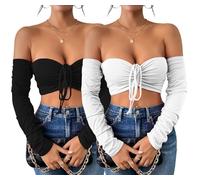 Belriviere Women 2 Pack Crop Tops Sexy Off The Shoulder Long Sleeve Blouse Going Out Nightout Shirt with Front Tied Strap S Black White