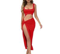 Belriviere Women Long Midi Dress Side Slit Cutout Square Neck Sleeveless Backless Tank Dresses for Summer Fashion Outfit L Red