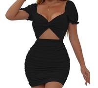 Belriviere Womens Sexy Mini Dress Bodycon Ruched Cutout Puff Sleeve Twist Front Short Dresses for Party Night Out Clubwear XS Black