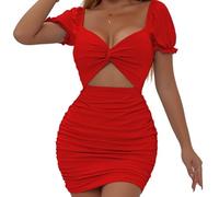 Belriviere Womens Sexy Mini Dress Bodycon Ruched Cutout Puff Sleeve Twist Front Short Dresses for Party Night Out Clubwear L Red