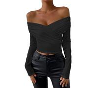 Belriviere Womens Sexy Off The Shoulder V-Neck Tops Y2K T-Shirt Slim Fit Long Sleeve Spring Autumn Blouse Going Out Tee S Black