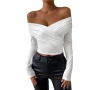 Belriviere Womens Sexy Off The Shoulder V-Neck Tops Y2K T-Shirt Slim Fit Long Sleeve Spring Autumn Blouse Going Out Tee XS White