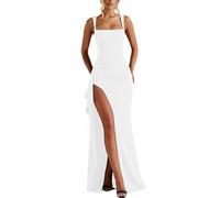 Belriviere Women's Square Neck Ruched Maxi Dress with High Slit Draped Sleeveless Formal Evening Gown for Party Cocktail L White