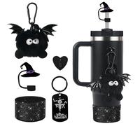 BELSITA Halloween Accessories Set - Black Cartoon Devil Witch Hat Straw Cap Design Water Bottle Decoration, Silicone Stanley Cup Boot, Stanley Charms for 30/40oz Tumble