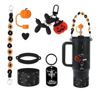 BELSITA Halloween Stanley Cup Accessories Set - Black Cartoon Witch Hat Design Water Bottle Handle Strap, Silicone Boot, Charms for 30/40oz Tumbler (7Pcs Pumpkin)
