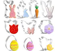 BELSVOR Set of 10 Easter Cookie Cutters: Chicken, Rabbit Ears, Rabbit, Large Egg, Egg, Carrot, Butterfly, Tulip, Flower Shapes. Stainless Steel, 10 Pieces