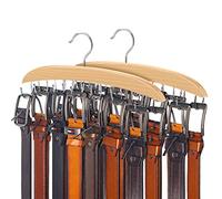 Belt Hanger, 14 Hooks Belt Holder for Closet, Wooden Tie/Belt Rack for Storage, 360°Rotating Belts Organizer for Closet Space Save Tie Tank Top, Scarf-Natural Wood Finish with Chrome Hooks 2 Pack