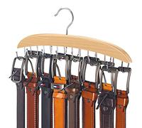 Belt Hanger, 14 Hooks Belt Holder for Closet, Wooden Tie/Belt Rack for Storage, 360°Rotating Belts Organizer for Closet Space Save Tie Tank Top, Scarf-Natural Wood Finish with Chrome Hooks
