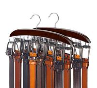 Belt Hanger, 14 Hooks Belt Holder for Closet, Wooden Tie/Belt Rack for Storage, 360°Rotating Belts Organizer for Closet Space Save Organizer for Tie-Walnut Wood with Chrome Hooks 2 Pack