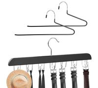 Belt Hanger, 360° Rotatable Wooden Belt Organiser, Tie Holder with 14 Hooks, Wardrobe Accessories for Belts, Tank Tops, Scarves, Bras, Bags, Comes with 2 Z-shaped Trouser Hangers, Black