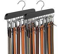 Belt Hanger for Closet Max 42 Belts, Belt Organizer Closet Accessories with 14 Hooks Belt Rack Sturdy Wood for Closet Organizers and Storage- 2 Pack Black