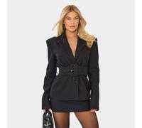 Belted Cinched Waist Wool Look Blazer Jacket In Black, Women's Size UK 10