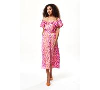 Belted Midi Dress with Off Shoulder Sleeves in Pink Animal Print Liquorish Pink 12