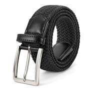 BELTROAD Elastic Braided Belt Mens Golf Belts No-Hole Design Lightweight Breathable Woven Stretch Belt for Golf Casual, Silver Buckle/Black Belt, for Waist 28"-34"