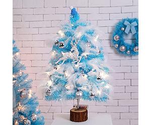 BELUAPI 26 Inch Artificial Mini Blue Christmas Tree, Cute Fake Xmas Tree with Lights/Deer/Ball/Feather,PVC Small DIY Xmas Tree,Elegant Desktop Tree Decor for Home Kitchen Dining Table Indoor Decor