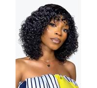 Beluck Glueless Human Hair Wig With Bangs，Short Water Wave Curly Bob Wig Human Hair Wig 180% Density For Women, Ready To Wear (14 Inch Black)