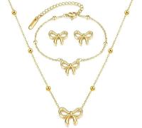 BELUCKIN Bow Necklace Bracelet Jewelry Set for Women Gold Bowknot Pendant Choker Necklace Silver Adjustable Chain Crystal Bow Bracelet Wedding Bridesmaid Prom Party Jewelry Gift, 1.5*1.5cm, Zinc, No