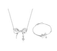 BELUCKIN Bow Necklace Bracelet Jewelry Set for Women Gold Bowknot Pendant Choker Necklace Silver Adjustable Chain Crystal Bow Bracelet Wedding Bridesmaid Prom Party Jewelry Gift, 1.5*1.5cm, Zinc, No
