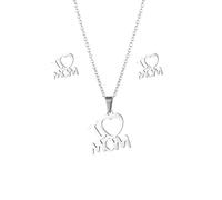 BELUCKIN I Love You Mom Necklace Heart Pendant Stud Earrings Jewelry Set Birthday Mothers Day Gifts for Women, Zinc, No Gemstone