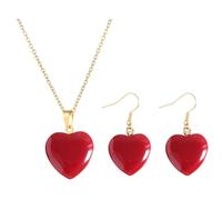 BELUCKIN Red Heart Necklace Earrings Jewelry Set for Women Y2K Resin Heart Shaped Pendant Necklace Acrylic Red Love Heart Dangle Drop Earrings Valentine's Day Gifts, 2.1CM, Zinc, No Gemstone