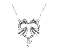 BELUCKIN Vintage Silver Double Dragon Heart Necklace Punk Dragon Demon Wing Pendant Necklace Jewelry for Women Men, Stainless Steel, No Gemstone