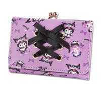 BelugaDesign Cat Anime Wallet | Kawaii Cutecore Cute Design Black Kitty Coin Purse Holder Zipper | Lovely Cartoon Faux Leather Pouch Trifold Wallet for Kids Girls Teens Women | Pastel Purple Black