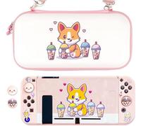 BelugaDesign Corgi Boba Switch Bundle | Cute Carry Case Cover Shell Thumb Grips Compatible with Nintendo Switch | Animal Dog Bubble Tea (Switch Standard Bundle, Pink)