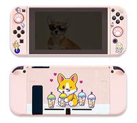 BelugaDesign Corgi Boba Switch Bundle | Cute Kawaii Dog Bubble Tea Pastel Pet Case | Cover Shell with Thumb Grips Compatible with Nintendo Switch (Switch Standard, Pink)