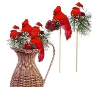 Belupai 2pcs Artificial Red Cardinal Birds on a Wooden Stick, 1.4in Christmas Red Feathered Cardinal Floral Picks with Pine Cone and Red Berry for Christmas Tree Home Garden Party