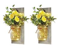 belupai Pcscevcr Set of 2 Mason Jar Sconces, Rustic Hanging Mason Jars Wall Lights with Artificial Flower and Wood Board, for Bedroom Garden Wall Decor (Gray)