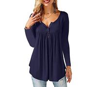 Beluring Long Sleeve Henley Tunic Tops Women Ladies Solid V Neck Ruched Front T-Shirt Navy L