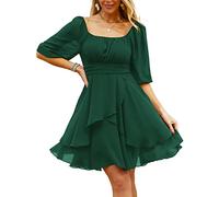 Beluring Summer Dress for Women Casaul Empire Waist Mini Dress Ruffle Hem Flare Short Dress Dark Green L