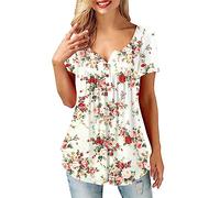 Beluring Women Casual V Neck Summer Pleated Tunic Tops Floral Print Shirts Blouse White Size 12 14