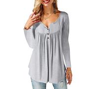 Beluring Women Tops Long Sleeve Tunic Tops V Neck Henley Shirt Blouse Grey Size 16 18