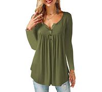 Beluring Womens Long Sleeve Henley Pleated V Neck Button up Tunic Tops Army Green XXL