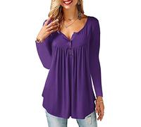 Beluring Womens Long Sleeve Henley Shirt V Neck Button Tunic Tops Purple Size 12 14