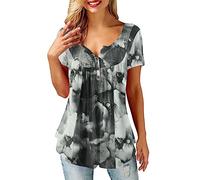 Beluring Women's Summer Tops Tie Dye Print V Neck Short Sleeve Boho Blouse Shirts Black Size 12 14