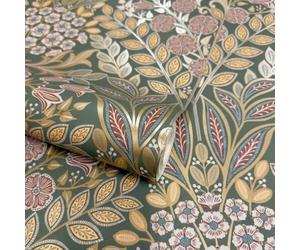 Belvedere Floral Damask Arts and Crafts Metallic Wallpaper Perfect for Living Rooms Bedrooms Hallways Dark Green GranDeco 202303