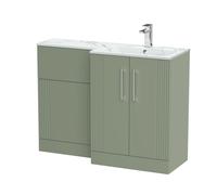 Belvide Retro Partially Fluted Floor Standing 2 Door Vanity WC Unit and Carrera Marble Stone Basin, Right Hand, 1100mm, Green