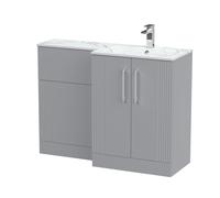 Belvide Retro Partially Fluted Floor Standing 2 Door Vanity WC Unit and Carrera Marble Stone Basin, Right Hand, 1100mm, Grey