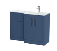 Belvide Retro Partially Fluted Floor Standing 2 Door Vanity WC Unit and Carrera Marble Stone Basin, Right Hand, 1100mm, Blue
