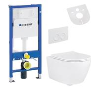 Belvit Complete Hanging Toilet Set + Duofix Basic Frame Element + Rimless Wall Toilet White Ceramic + Toilet Lid with Soft-Close Mechanism + Actuator Plate + Sound Insulation