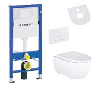 Belvit Geberit iCon Rimfree Toilet Complete Set, Wall-Mounted Toilet with Duroplast Seat, Duofix UP100 Frame Unit, Flush Plate, Soundproofing, 2 Flush, Concealed Fixing, White