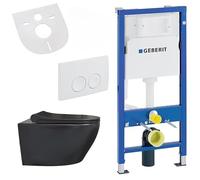 Belvit Hanging Toilet Set Matte Black - Rimless Toilet with Sound Insulation and Shut-Off Valve, UP100 Frame Element, Actuator Plate, Toilet Lid with Soft-Close Mechanism - Ceramic