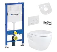 Belvit Wall-Mounted Toilet Complete Set with Bidet Function - Wall-Mounted Toilet White with Taharet and Geberit UP100, Shut-Off Valve, Rimless Ceramic, Toilet Lid with Soft-Close Mechanism and