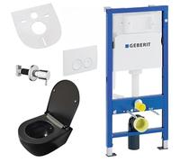 Belvit Wall-Mounted Toilet Complete Set with Bidet Function - Wall Toilet Black Matt with Taharet and Geberit UP100, Nano Glaze, Toilet Lid with Soft-Close Mechanism and Actuator Plate