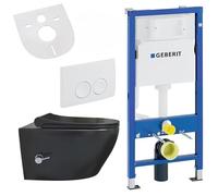 Belvit Wall-Mounted Toilet Complete Set with Bidet Function - Wall Toilet Black Matt with Taharet and Geberit UP100, Hot-Cold Water Connection, Toilet Lid with Soft-Close Mechanism and Actuator Plate