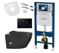 Belvit Wall-Mounted Toilet Complete Set with Bidet Function, Wall Toilet Black with Taharet and UP320 Frame Element, Rimless Ceramic, Toilet Seat with Soft Close Lid and Actuator Plate Black